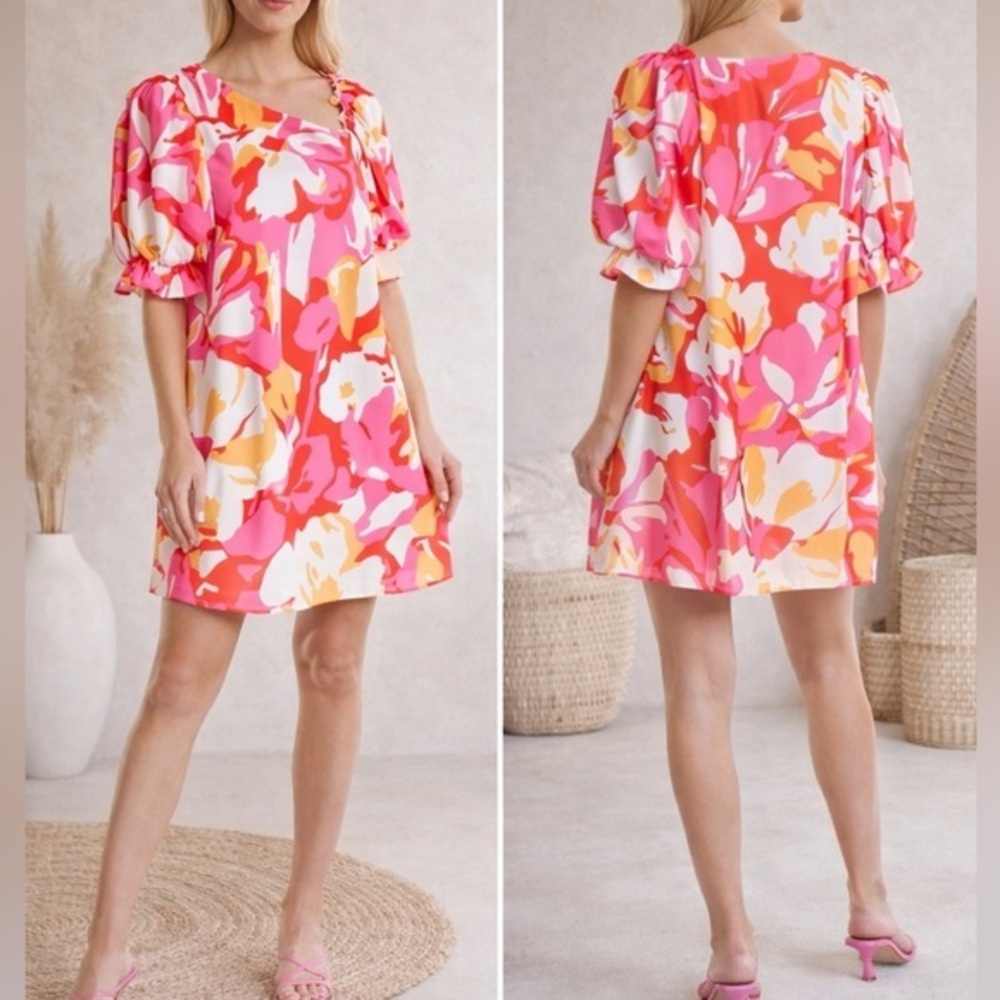 CROSBY by Mollie Burch Brooklyn Floral Coral Puff Sleeve Mini Dress